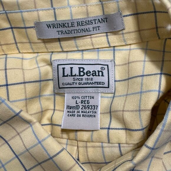 LL Bean Mens Size Large Traditional Fot Yellow Blue Plaid Button Down Shirt - Picture 10 of 10